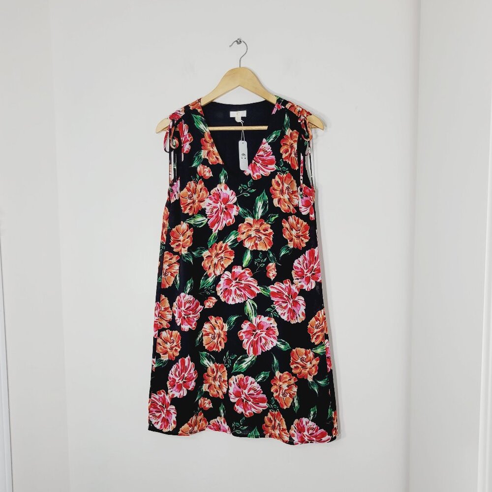 C NEW Black Red Floral Sleeveless Lightweight Adjustable Shoulder Dress Sz S NWT